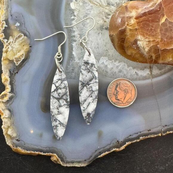 Sterling Silver Elongated Marquise Net Jasper Slab Dangle Earrings For Women 231 - Picture 8 of 10